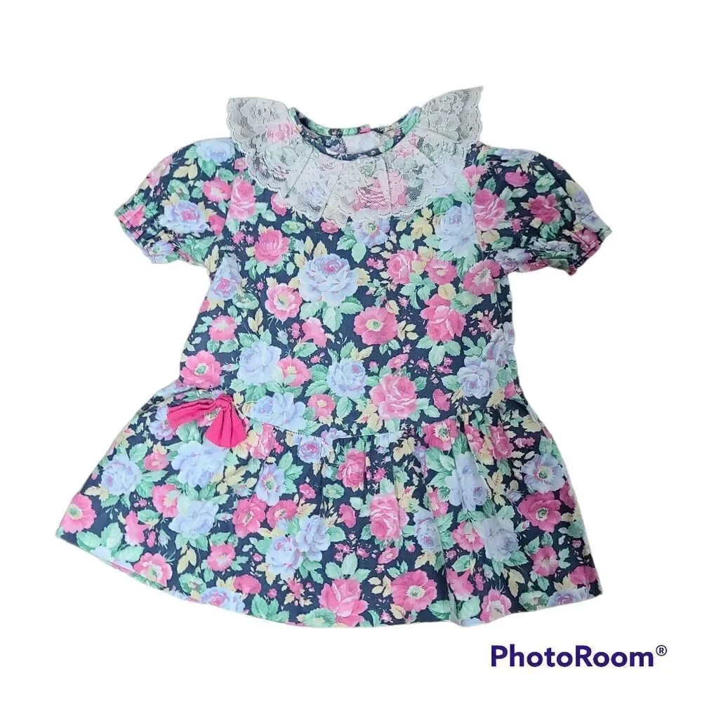 Vintage 80s 90s Girls Pink Colorful Floral Dress White Lace Collar 4T - Picture 1 of 9
